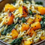 Orzo with roasted butternut squash and spinach in a bowl