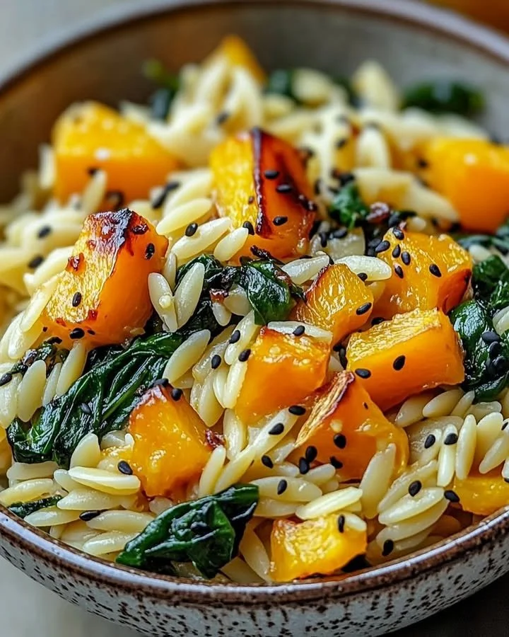 Orzo with roasted butternut squash and spinach in a bowl
