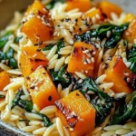 Delicious orzo pasta dish with roasted butternut squash and sautéed spinach