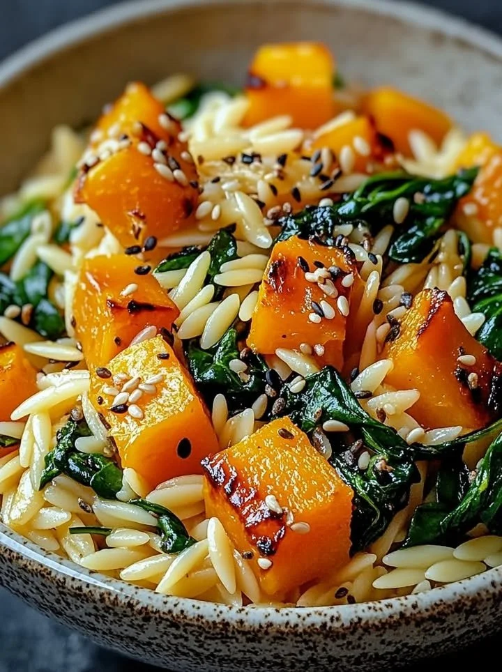 Delicious orzo pasta dish with roasted butternut squash and sautéed spinach