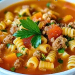 A hearty bowl of Pasta and Beans Soup garnished with parsley.