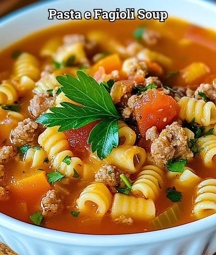 A hearty bowl of Pasta and Beans Soup garnished with parsley.