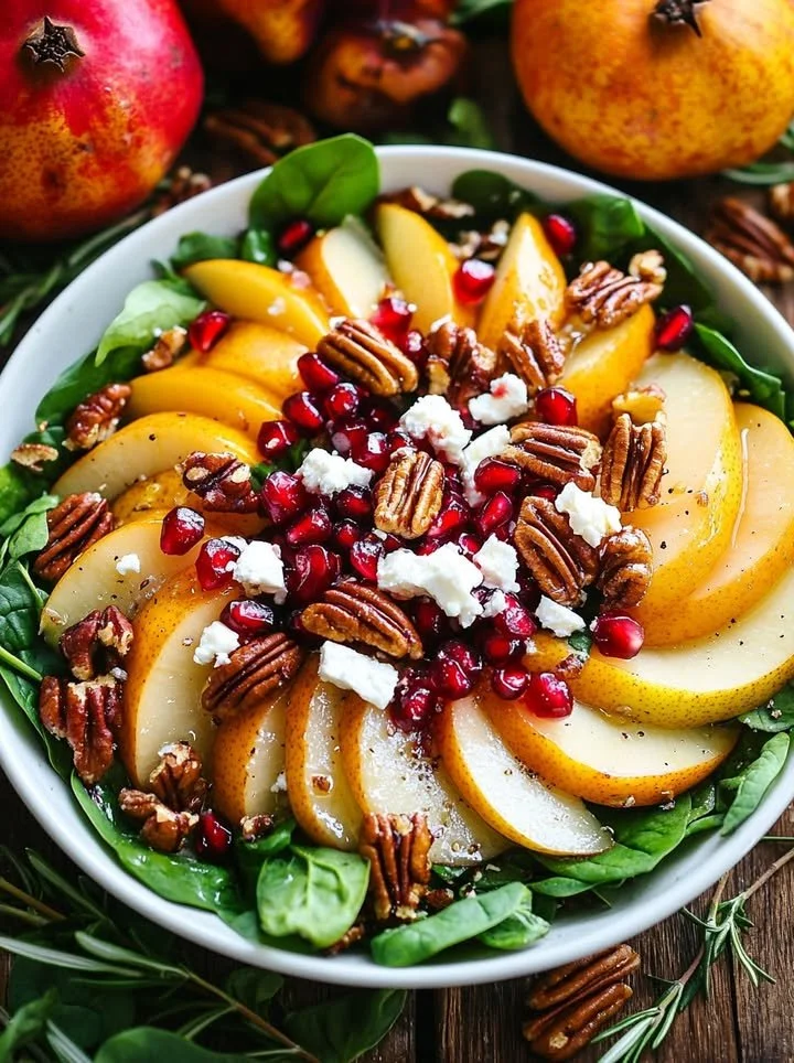 Pear and pomegranate spinach salad with maple-lemon mustard dressing