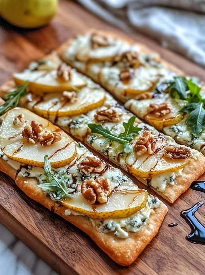 Pear, Gorgonzola, and Walnut Flatbread garnished with herbs