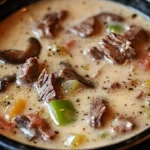Bowl of creamy Philly Cheese Steak Soup with toppings