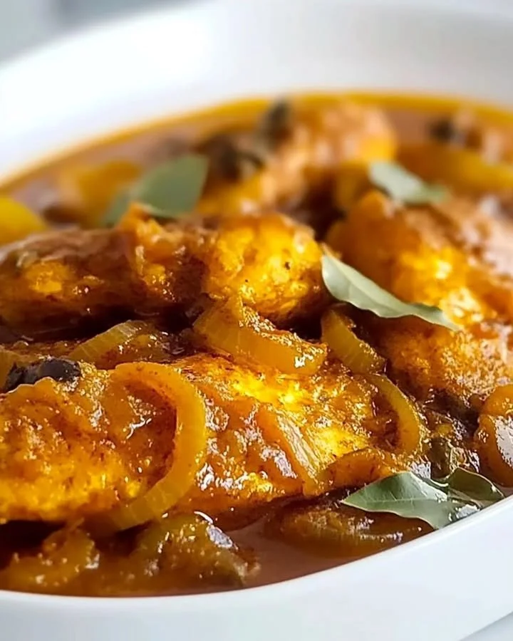 Plate of pickled fish with caramelized onions garnished with herbs