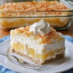 Slice of Pineapple Coconut Cake with coconut flakes and pineapple topping