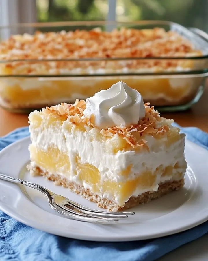 Slice of Pineapple Coconut Cake with coconut flakes and pineapple topping