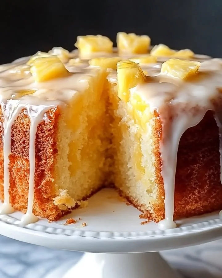 Delicious Pineapple Juice Cake topped with fresh pineapple slices