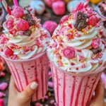 Delicious Pink Candy Freakshake topped with colorful sweets and candy decorations.