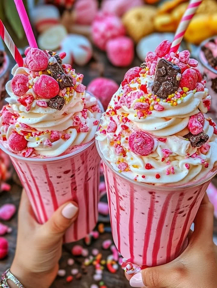 Delicious Pink Candy Freakshake topped with colorful sweets and candy decorations.