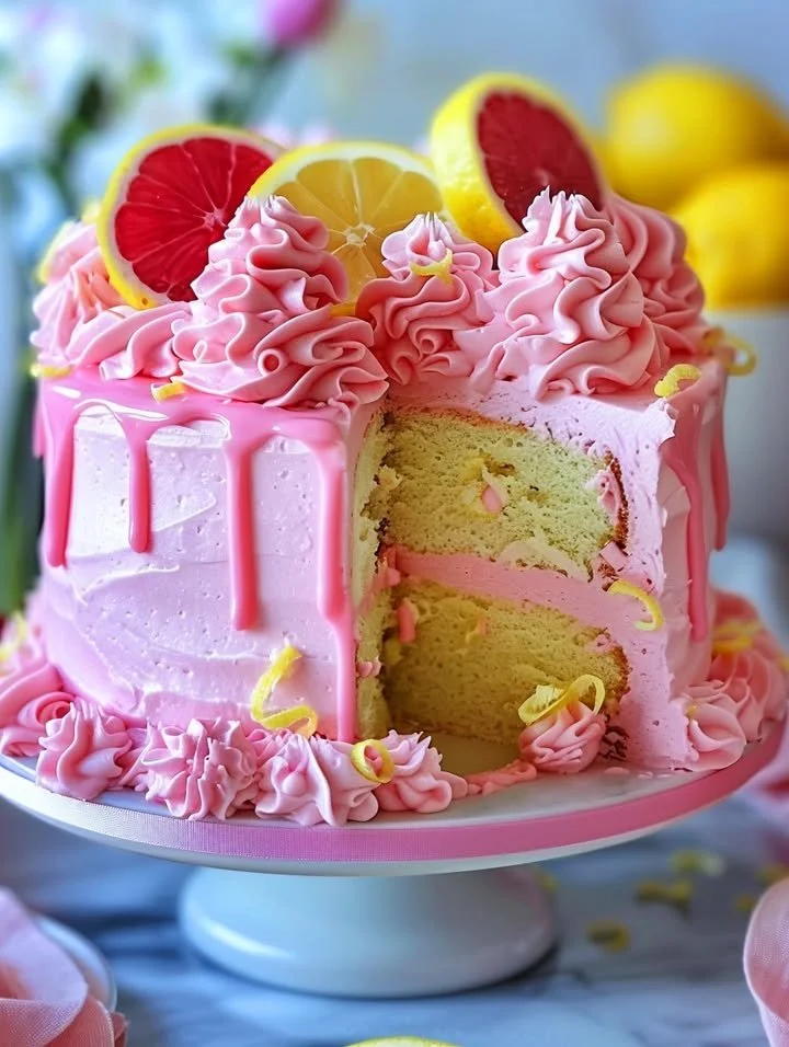Delicious Pink Lemonade Cake with frosting and lemon slices