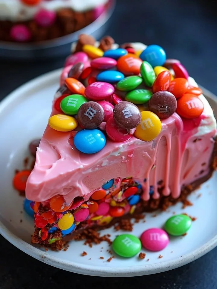 Pink Paradise No-Bake M&M and Toffee Cheesecake with vibrant toppings