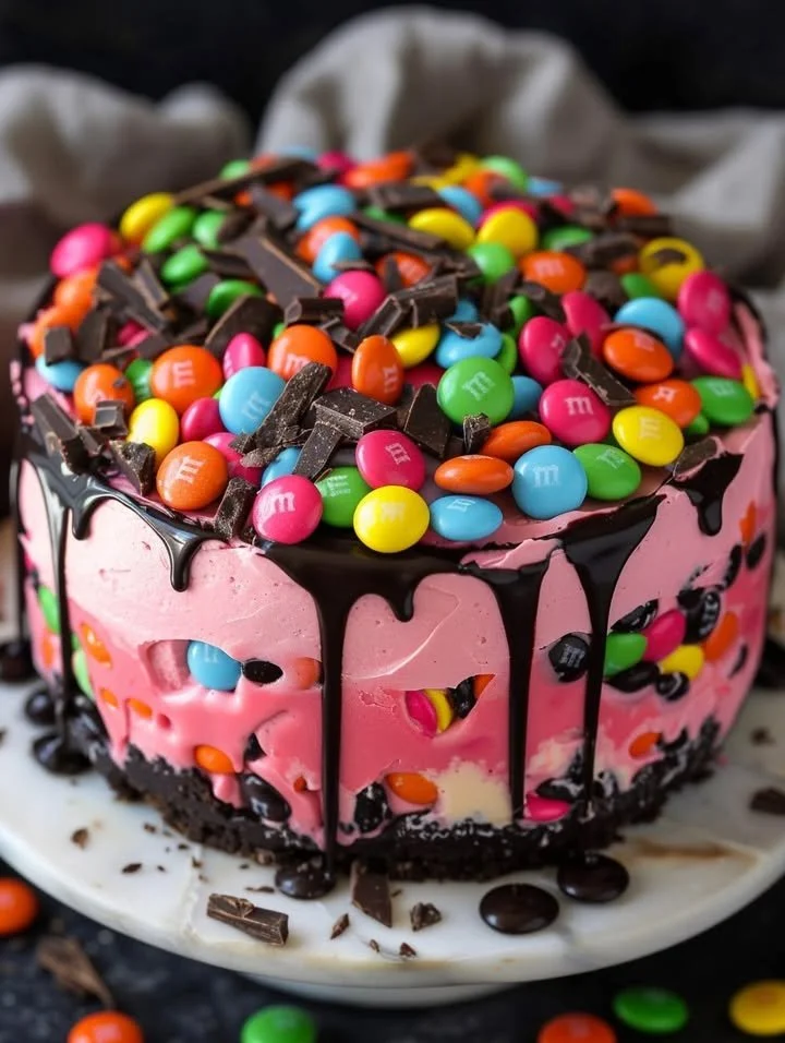 No-Bake M&M Chocolate Cheesecake topped with colorful candies