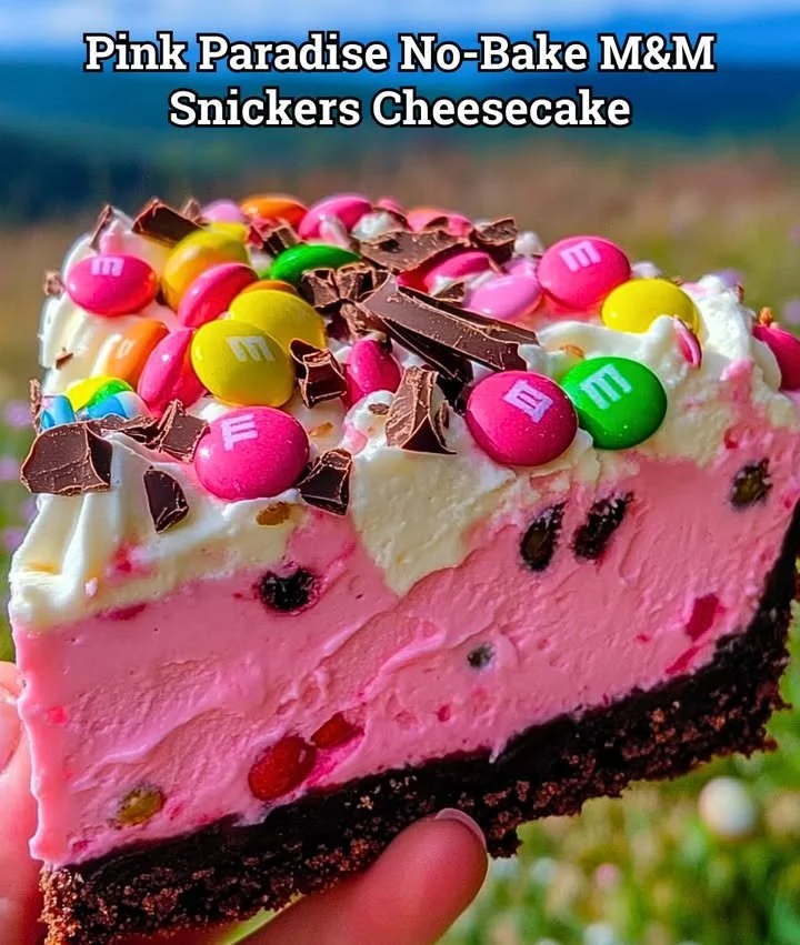Slice of Pink Paradise No-Bake M&M Snickers Cheesecake with toppings