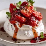 Delicious Pink Pepper Pavlova with roasted strawberry balsamic glaze on top