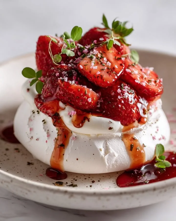 Delicious Pink Pepper Pavlova with roasted strawberry balsamic glaze on top