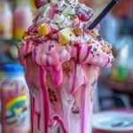 Colorful Pink Unicorn Freakshake topped with whipped cream and sprinkles