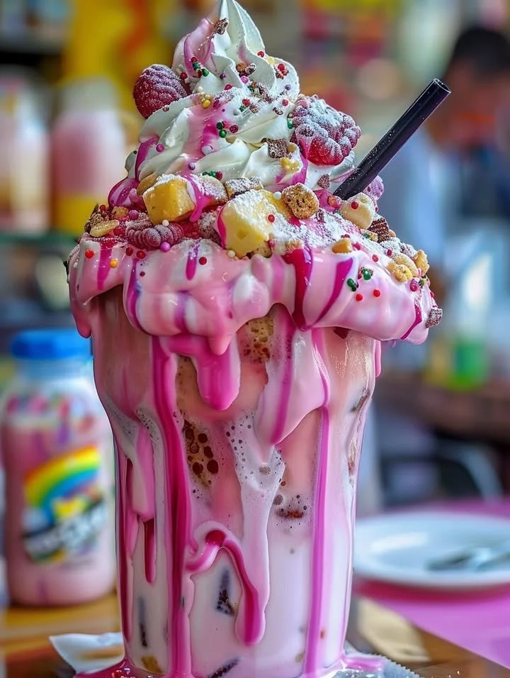 Colorful Pink Unicorn Freakshake topped with whipped cream and sprinkles