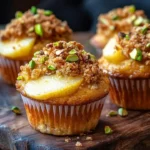 Pistachio muffins topped with caramelized pears on a rustic table.
