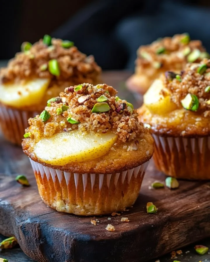 Pistachio muffins topped with caramelized pears on a rustic table.