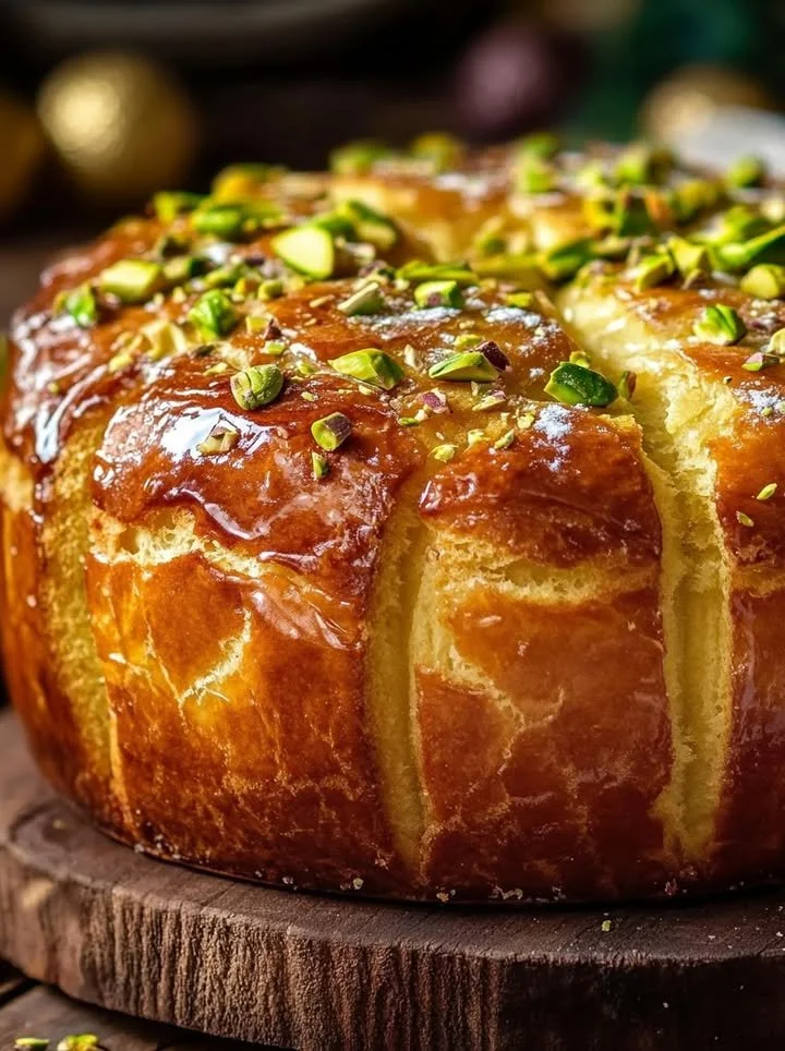 Delicious Pistachio Panettone with a rich nutty flavor and festive decorations