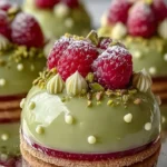 Pistachio and raspberry cheesecake domes on a decorative plate