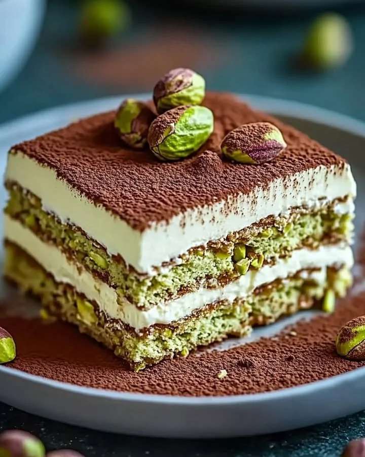 Delicious pistachio tiramisu dessert with layers of cream and nuts