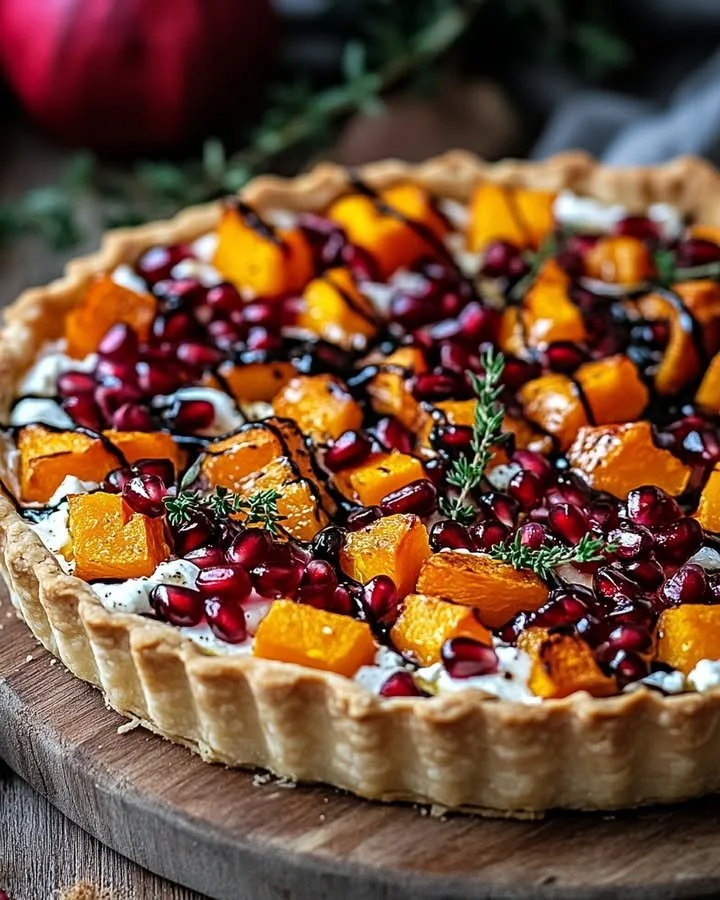 Pomegranate and butternut squash tart with ricotta topping