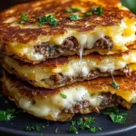 Potato pancakes topped with savory beef and cheese, a comforting dish.