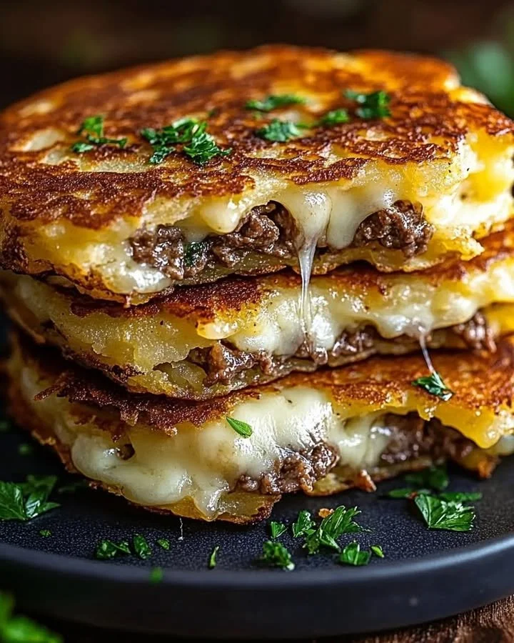 Potato pancakes topped with savory beef and cheese, a comforting dish.