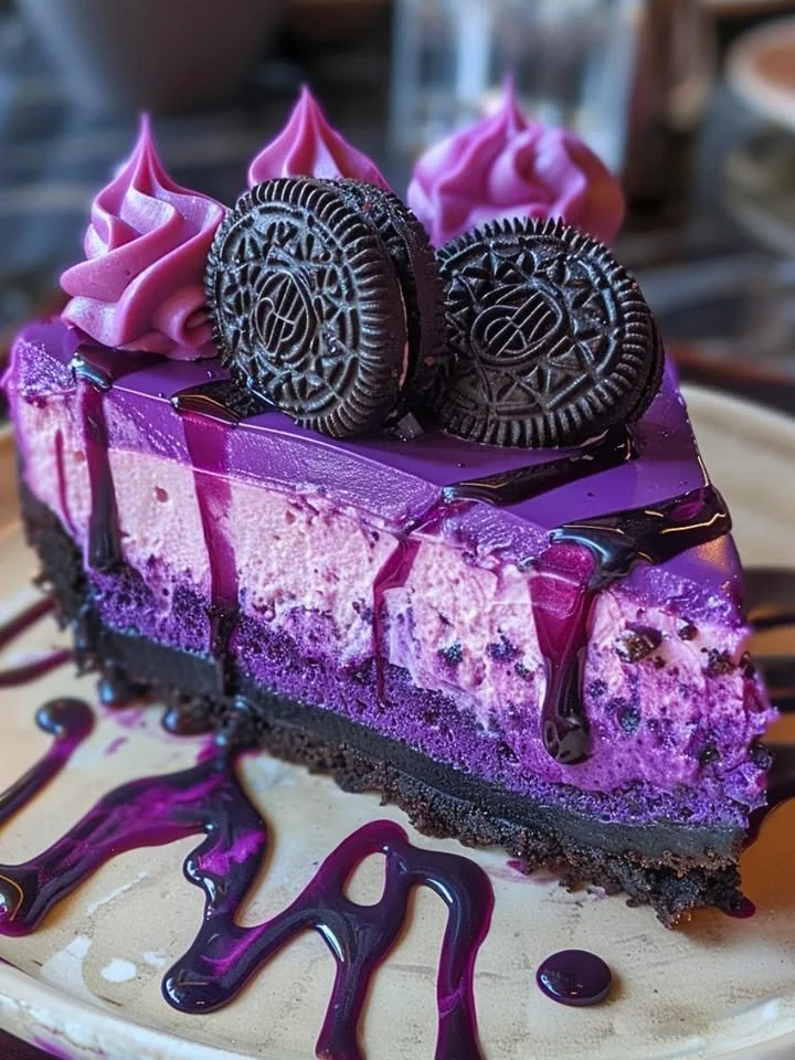 Purple Velvet Oreo Cheesecake topped with crushed Oreos