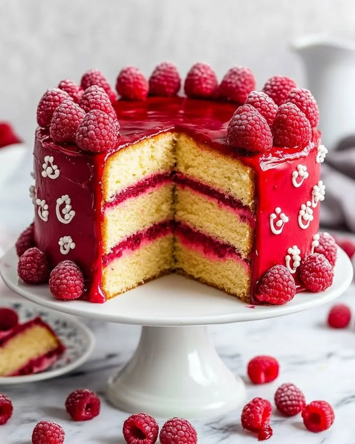 Delicious Raspberry Almond Cake topped with fresh raspberries and almond slices