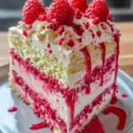 Raspberry Champagne Drip Cake topped with fresh raspberries and a champagne drizzle