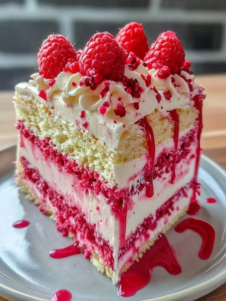 Raspberry Champagne Drip Cake topped with fresh raspberries and a champagne drizzle