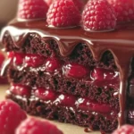 Raspberry Chocolate Ganache Cake with fresh raspberries and chocolate drizzle