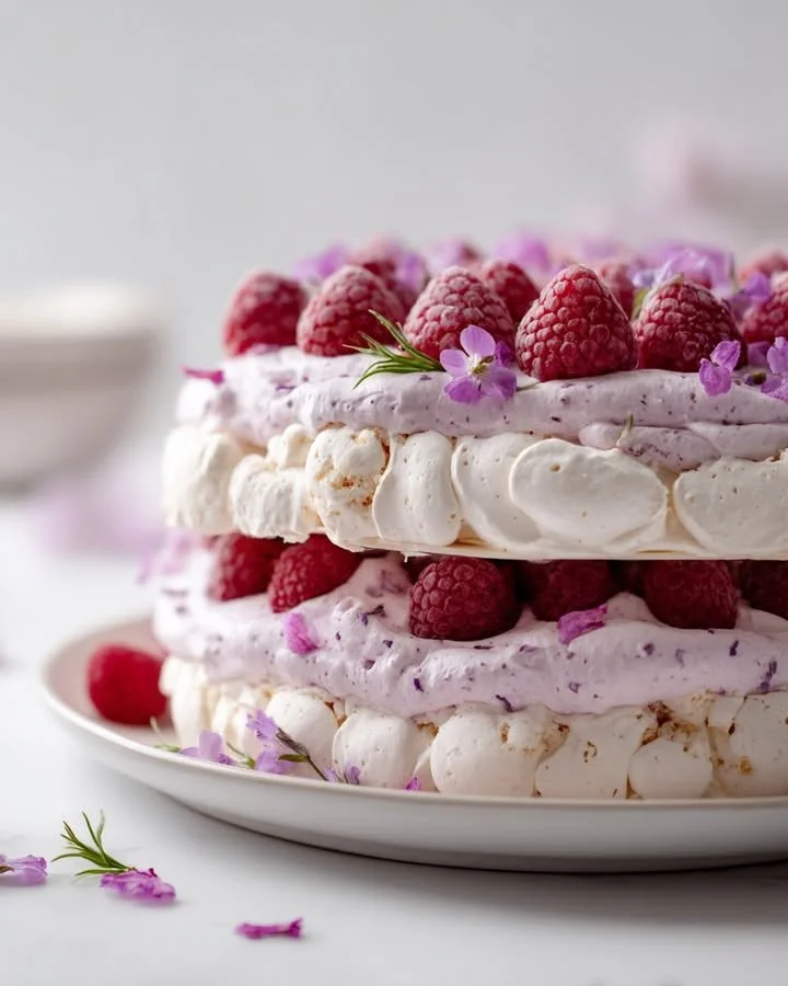 Raspberry-Lavender Cloud Dacquoise dessert with fresh raspberries and lavender