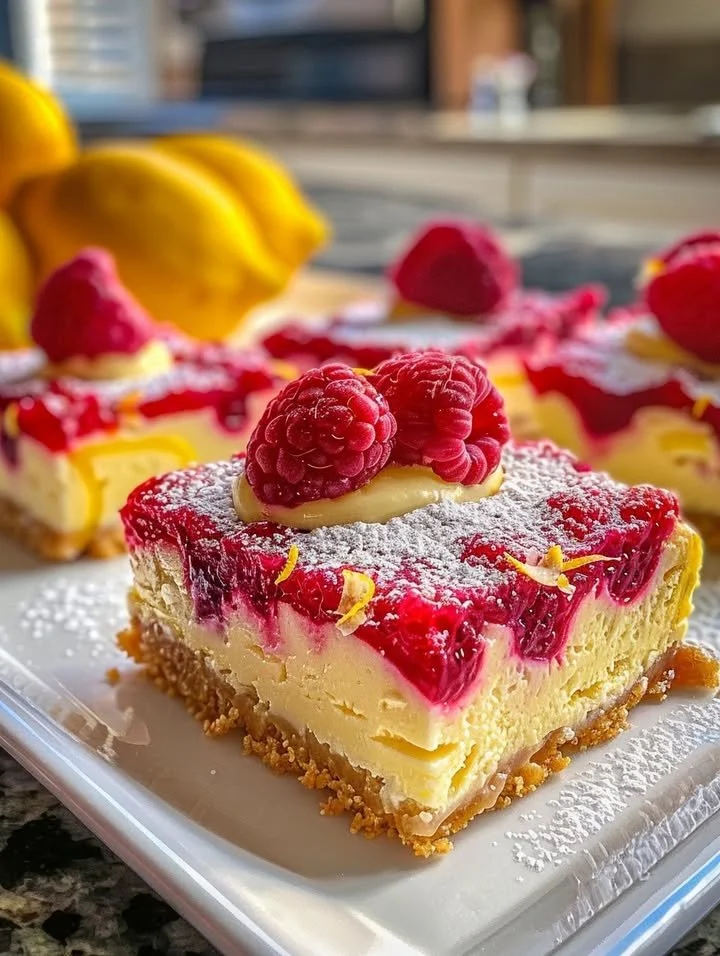 Delicious Raspberry Lemon Cheesecake Bars decorated with fresh raspberries
