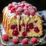 Raspberry Sauce Pound Cake with white chocolate topping served on a plate.