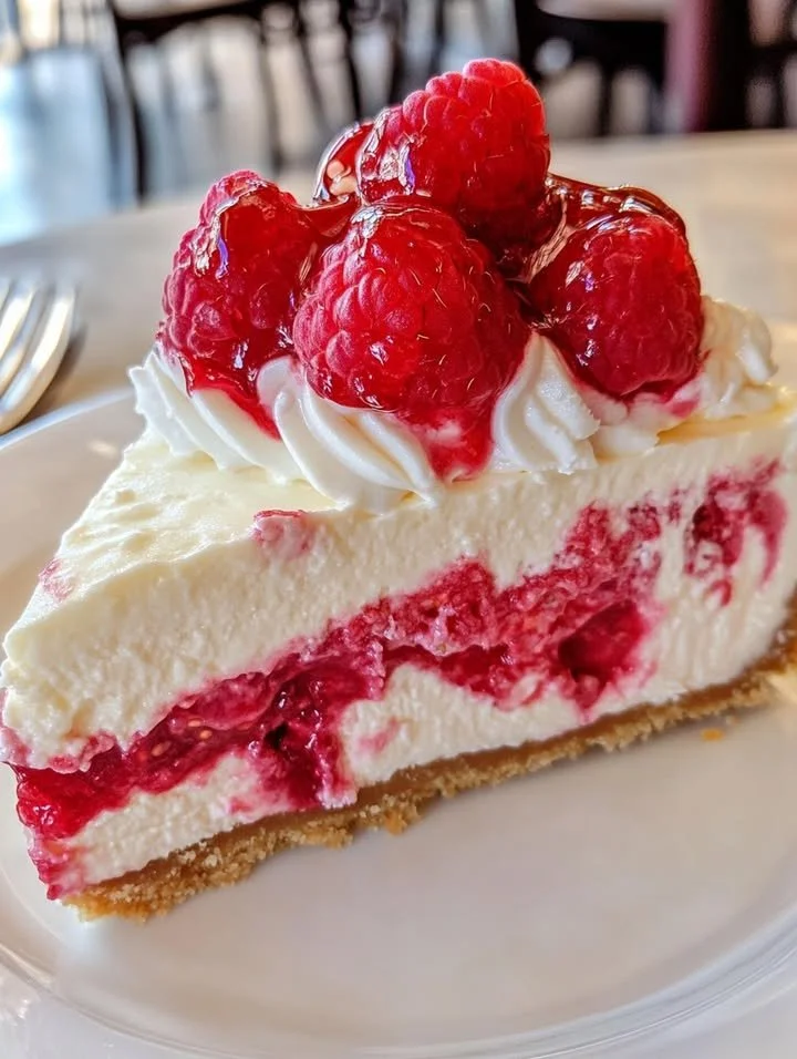 Delicious Raspberry White Chocolate Cheesecake topped with fresh raspberries