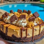 Slice of Reese's Peanut Butter Cheesecake with chocolate drizzle and peanut butter topping