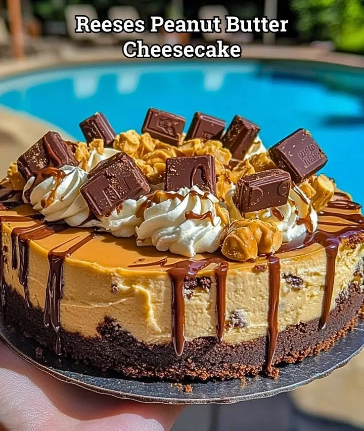 Slice of Reese's Peanut Butter Cheesecake with chocolate drizzle and peanut butter topping