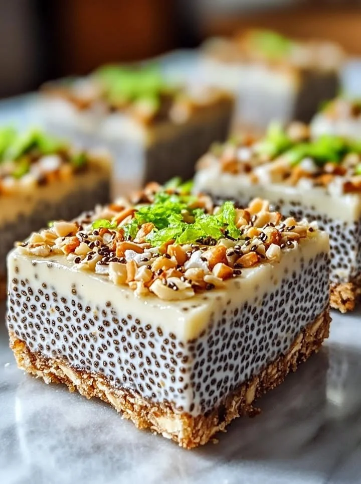 No-bake chia pudding bars topped with coconut and lime for a refreshing snack.