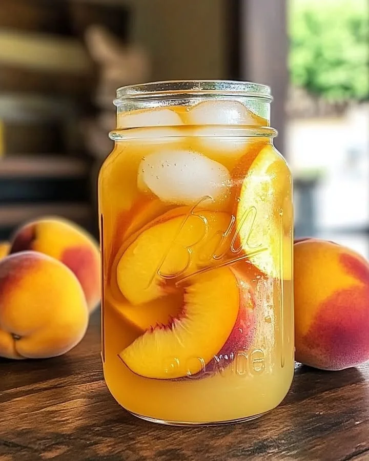 A refreshing glass of peach lemonade garnished with fresh peaches and mint leaves.