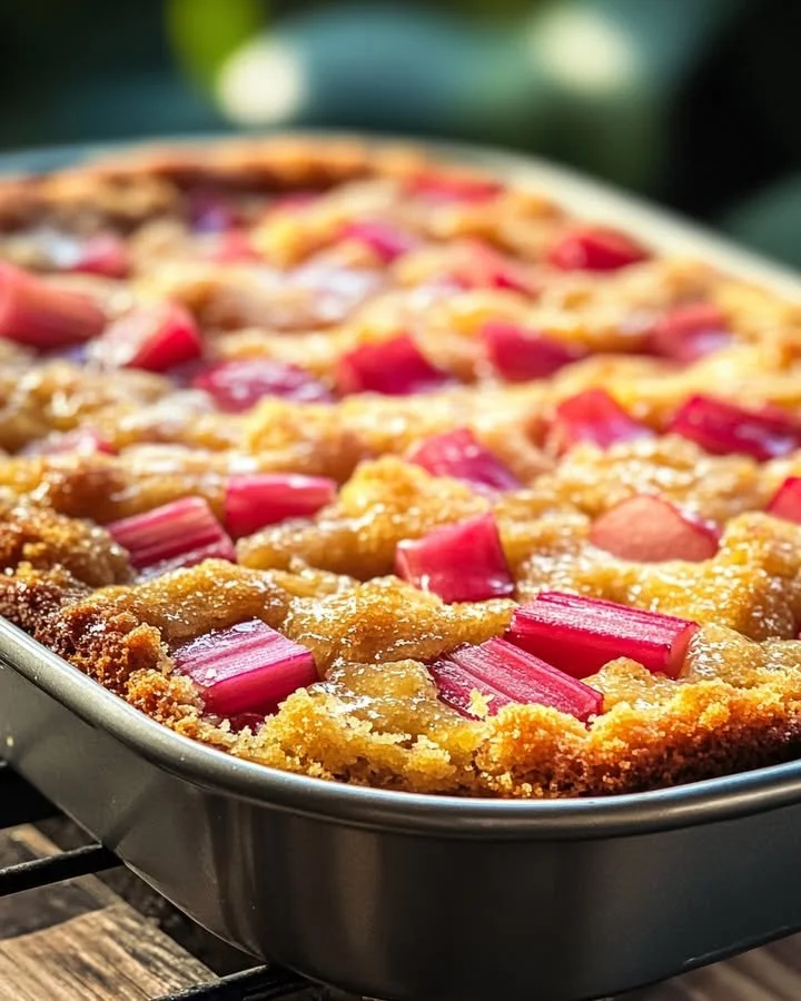 Rhubarb cake topped with buttery sauce, showcasing a delightful dessert.