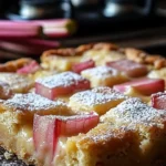 Slice of delicious rhubarb custard bars on a wooden table