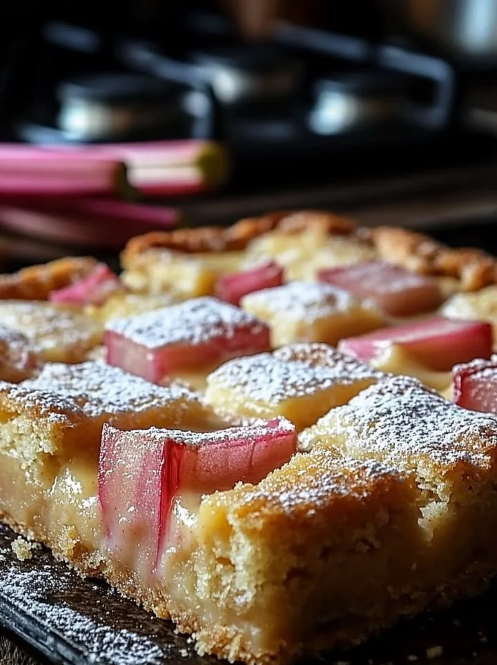 Slice of delicious rhubarb custard bars on a wooden table