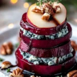 Roasted Beet and Blue Cheese Towers garnished for a vibrant appetizer