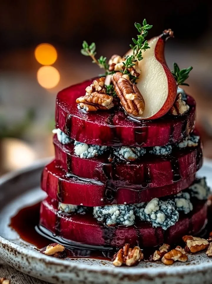 Roasted Beet and Blue Cheese Towers arranged on a plate, garnished with herbs.