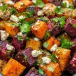 Roasted beets and sweet potatoes with feta cheese and cilantro garnished